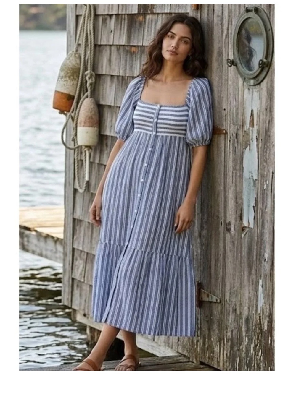 Evereve Emerson Fry Blue and White Striped Puff-Sleeve Maxi Dress